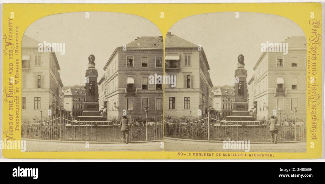 Schiller-Denkmal in Wiesbaden, Deutschland, Le Monument de Schiller à Wiesbaden (Titel auf Objekt), Ansichten des Rheins und seiner Umgebung, der Rhein und seine Umgebungen (Serientitel auf Objekt), William England (auf Objekt erwähnt), Joseph Uphues, Wiesbaden, 1867 - 1868, Karton, Papier, Albumin-Druck, Höhe 83 mm × Breite 172 mm Stockfoto