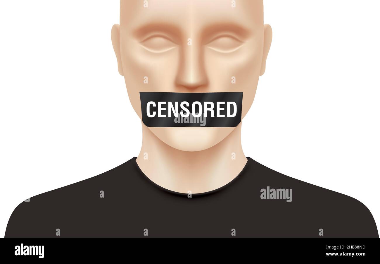 Freie Meinungszensur, Konzeptvektorillustration. Mann mit ZENSIERTEM Klebeband, das seinen Mund bedeckt, isoliert auf weißem Hintergrund. Stock Vektor