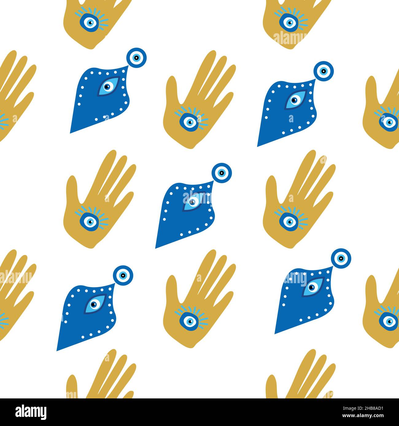 Hamsa-Auge, magisches Auge nahtloses Muster. Magie, Hexerei, okkultes Symbol. Blau weiß goldene Augen. Textil-Stofftapete Stock Vektor