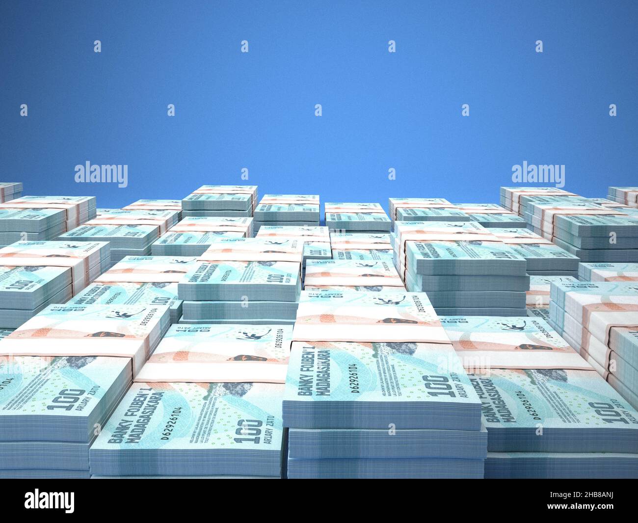Das Geld Madagaskars. Madagassische Ariary Bills. MGA-Banknoten. 100 ariär. Handel, Finanzen, Nachrichten Hintergrund. 3D Abbildung. Stockfoto