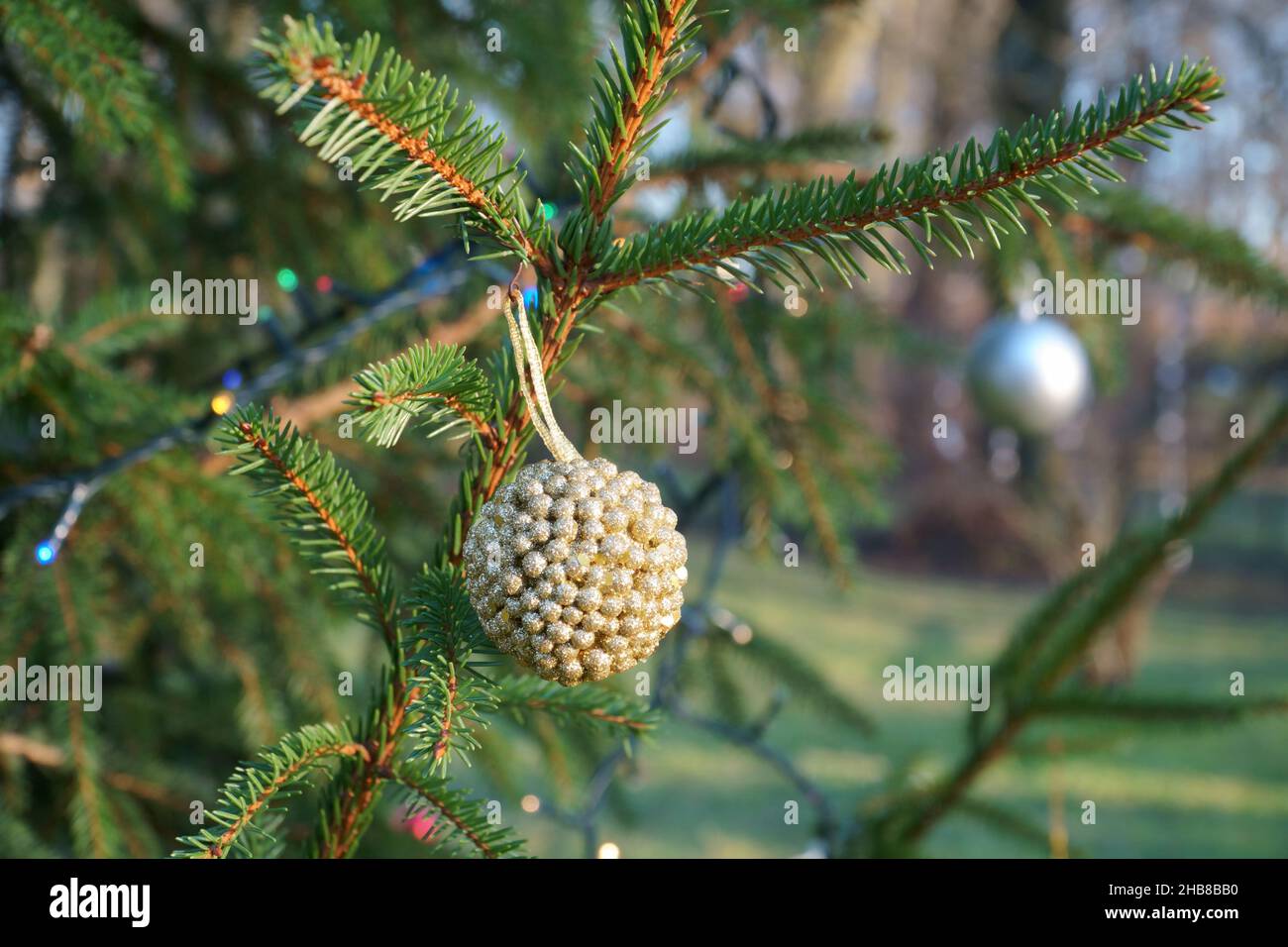 Weihnachtsbaum mit Dekoren in einer lustigen Szene an einem sonnigen Tag im Winter ohne den Schnee. Dekoriert Fichte in einem Haus Hof. Schöne silberne Kugel dazwischen Stockfoto