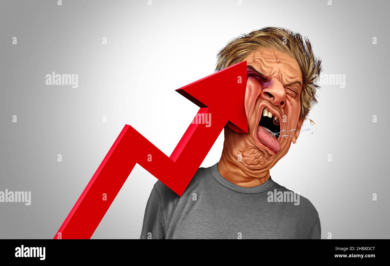 Das Konzept der Inflationsschmerzen als Verbraucher oder Geschäftsmann, der von einem nach oben gerichteten Pfeil der Finanzchart, der steigende Preise darstellt, hart getroffen wird. Stockfoto
