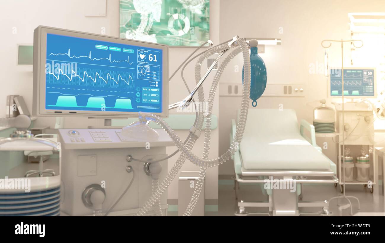 Lungenventilator im hellen sonnigen Klinikraum, cg Industrial 3D Rendering Stockfoto