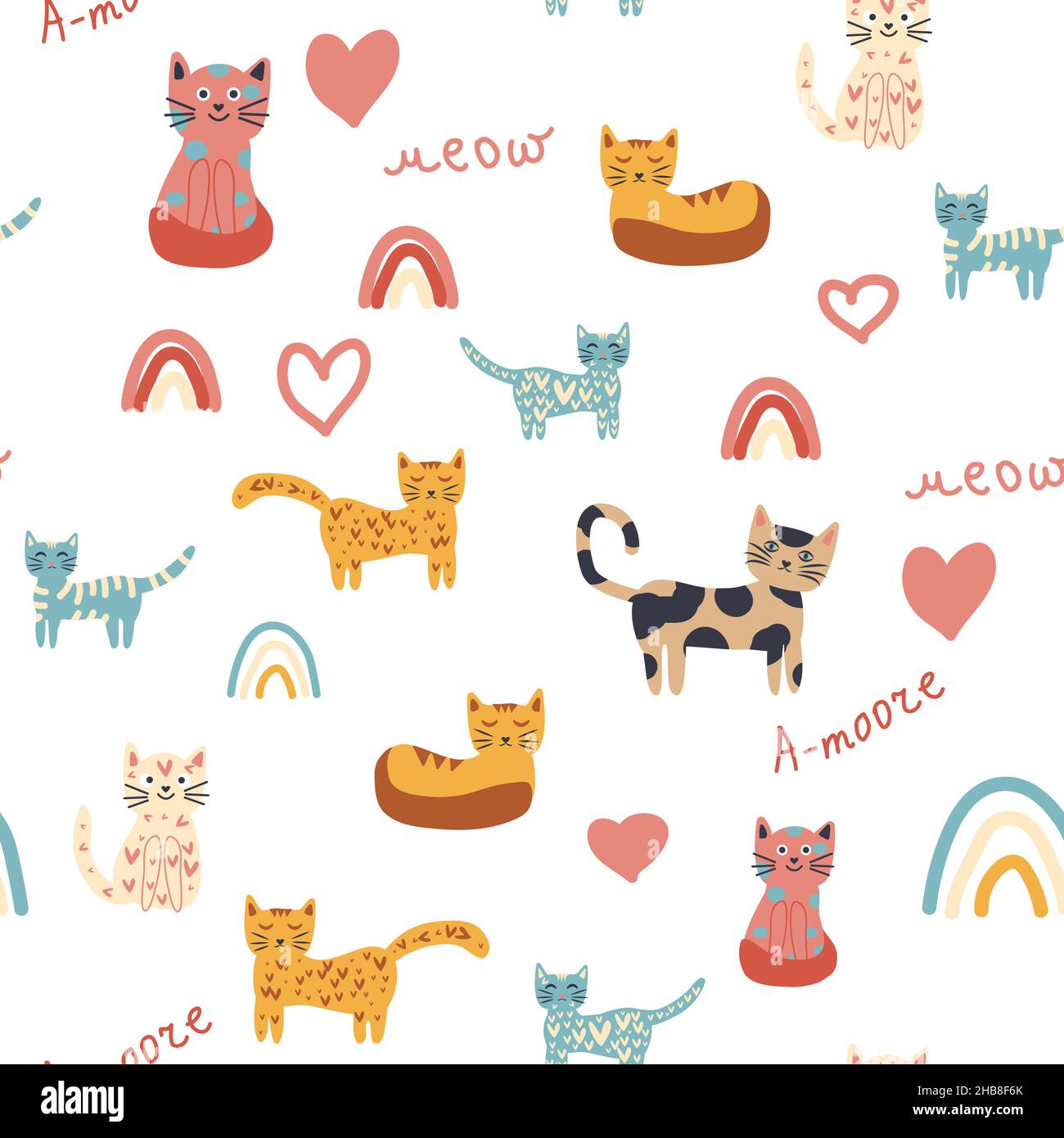 Nahtloses Kindermuster mit lustigen bunten Katzen und Regenbögen. Kreative skandinavische Kindertextur. Meow-Inschrift Stock Vektor