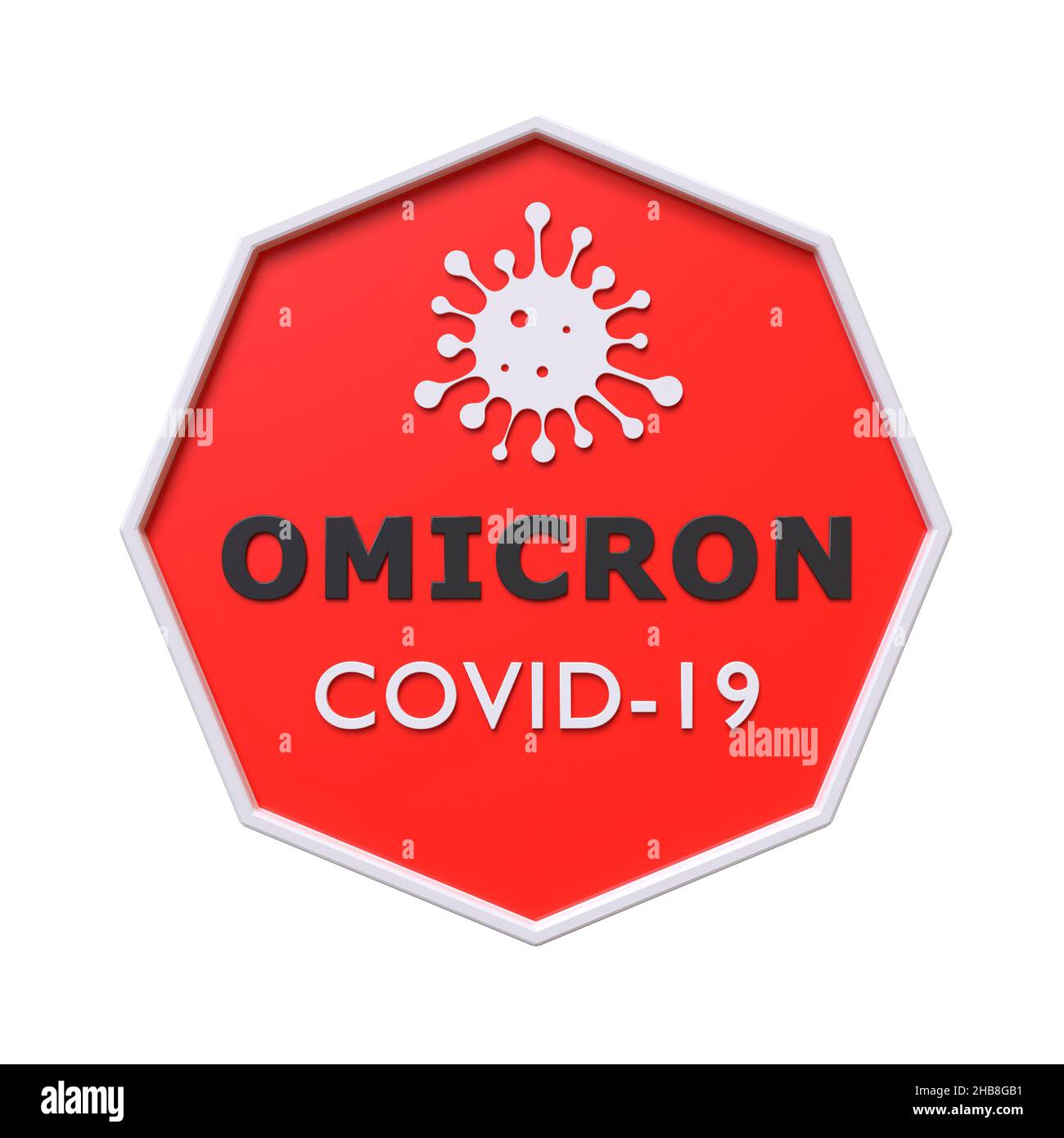 Covid-19 Omicron Warnschild isoliert auf weißem Hintergrund. 3D Bild Stockfoto