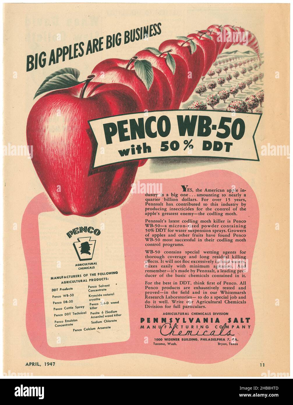 Vintage April 1947 Werbung für Penco WB-50 Insektizid mit 50% DDT für die Landwirtschaft, von Pennsylvania Salt Manufacturing Company. Stockfoto