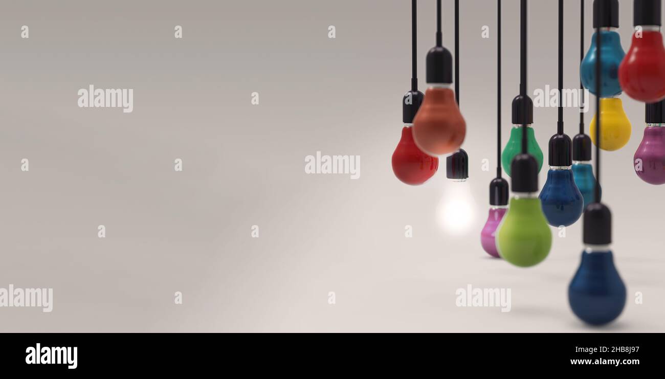 Glühende 3D-Glühlampe zwischen den anderen auf grauem Hintergrund. Führung, Innovation, große Idee und individuelle Konzepte. 3D Rendern. Stockfoto