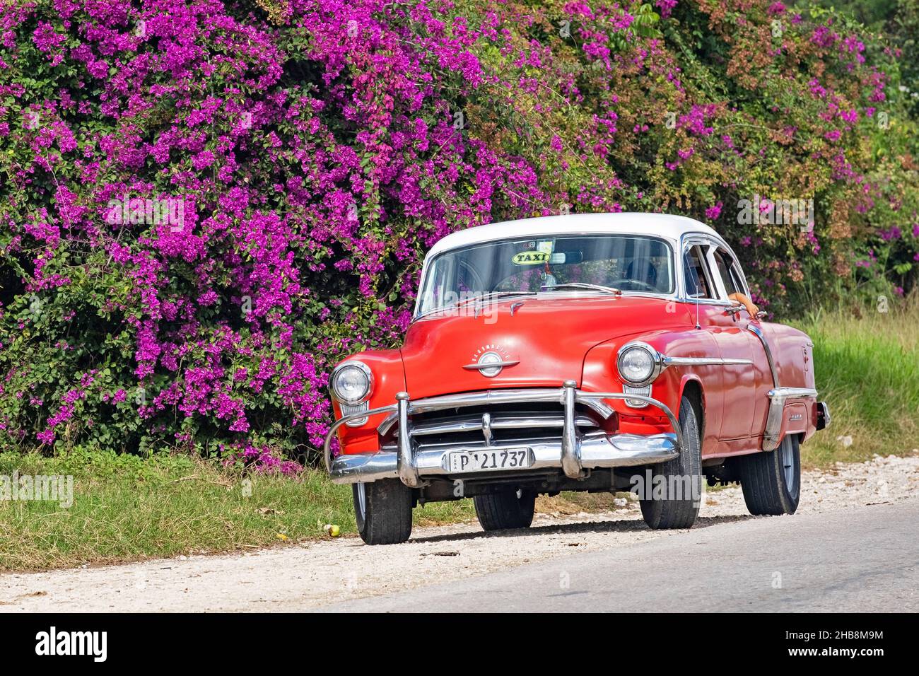 Red 1950s Oldsmobile 88 amerikanischer Oldtimer als Kubaner Taxi, Provinz Sancti Spíritus auf der Insel Kuba, Karibik Stockfoto