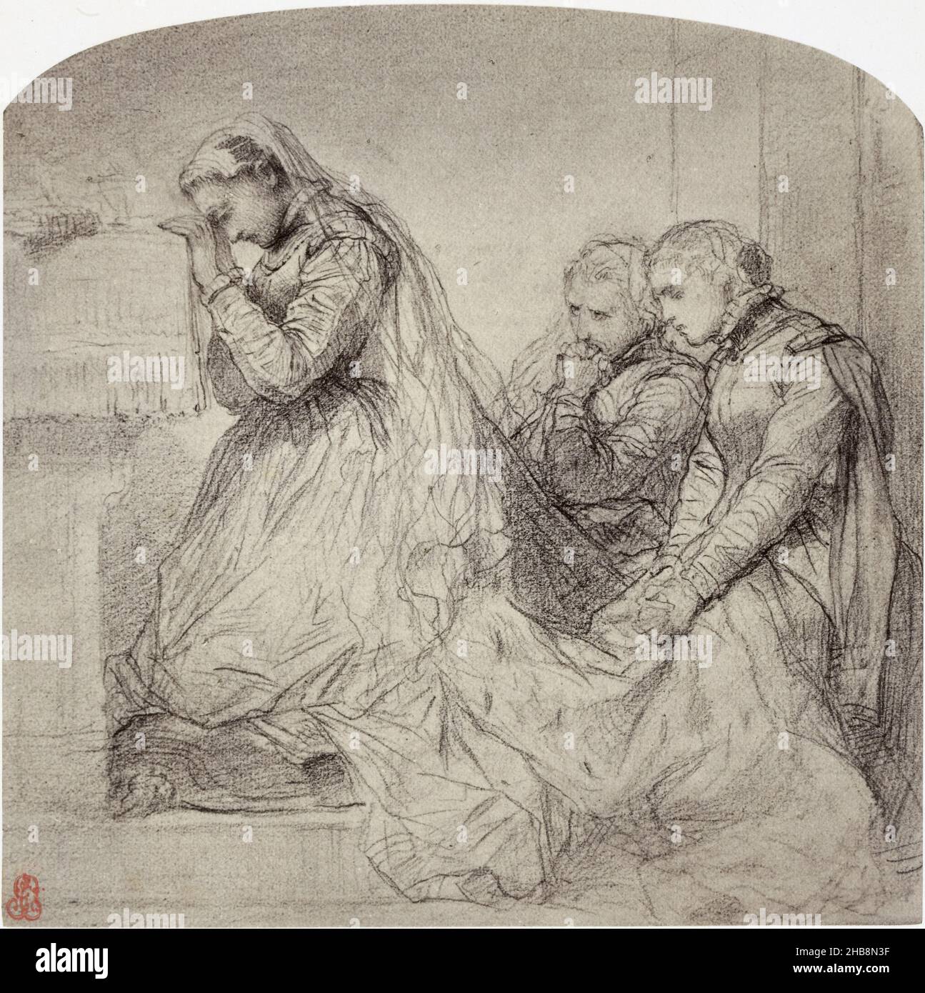 Fotoreproduktion einer Zeichnung des letzten Gebets von Mary Stuart von Paul Delaroche, Dernière Communion de Marie Stuart (Titel auf Objekt), Robert Jefferson Bingham (erwähnt auf Objekt), Zeichner: Paul Delaroche (erwähnt auf Objekt), Paris, c. 1853 - in oder vor 1858, Papier, Albumdruck, Gravur, Höhe 128 mm × Breite 129 mmhöhe 196 mm × Breite 183 mm Stockfoto