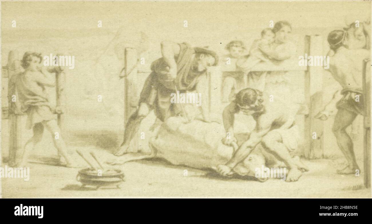 Fotoreproduktion eines Gemäldes vom Schlachten eines Ochsen, Szene aus Vergils Georgica, anonym, nach: Anonym, c. 1853 - in oder vor 1858, Papier, Albumin-Druck, Höhe 31 mm × Breite 60 mm Stockfoto
