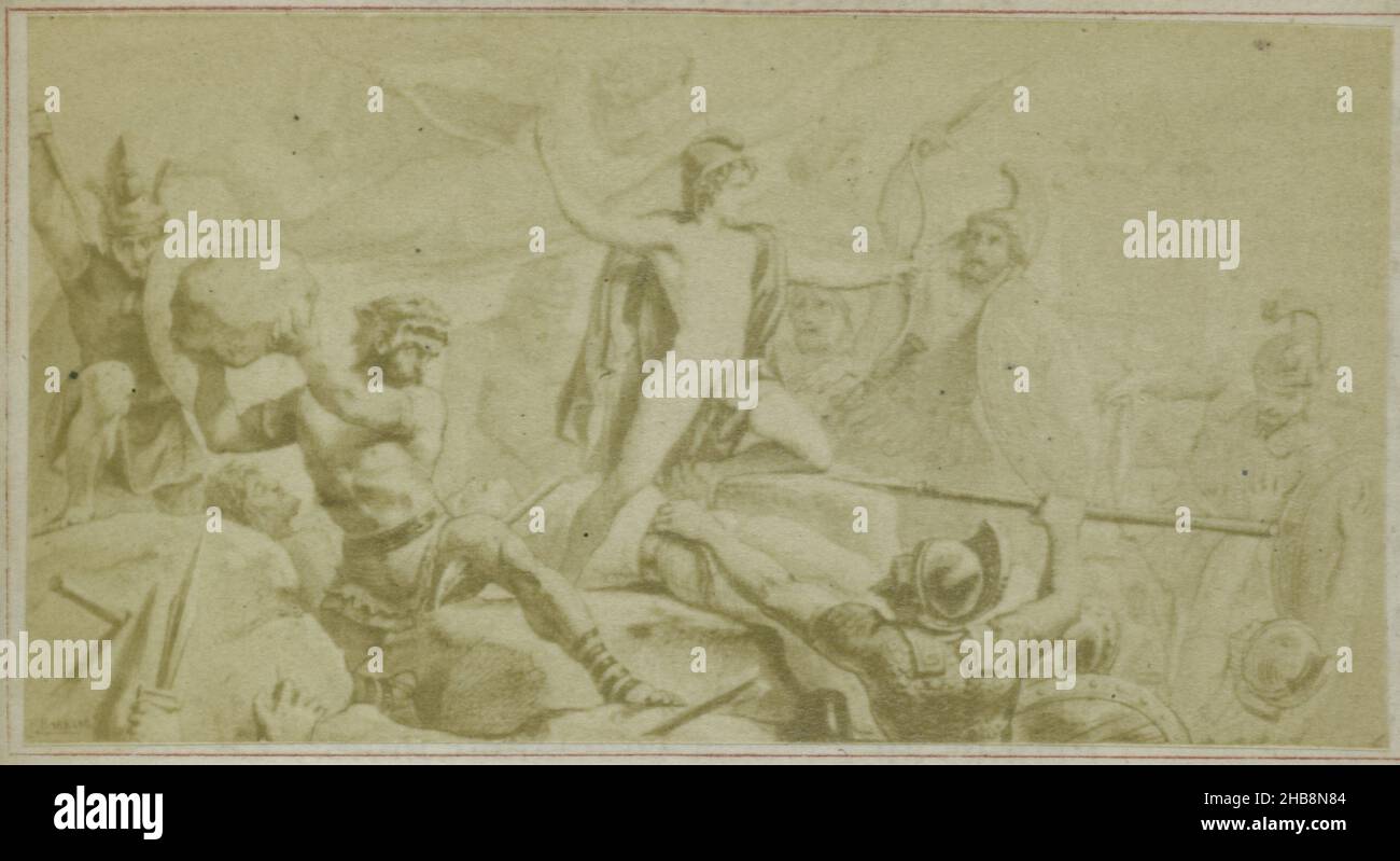 Fotoproduktion eines Gemäldes von Aeneas in der Schlacht von Latium, Szene aus Vergils Aeneid, anonym, nach: Anonym, c. 1853 - in oder vor 1858, Papier, Albumin-Druck, Höhe 31 mm × Breite 60 mm Stockfoto