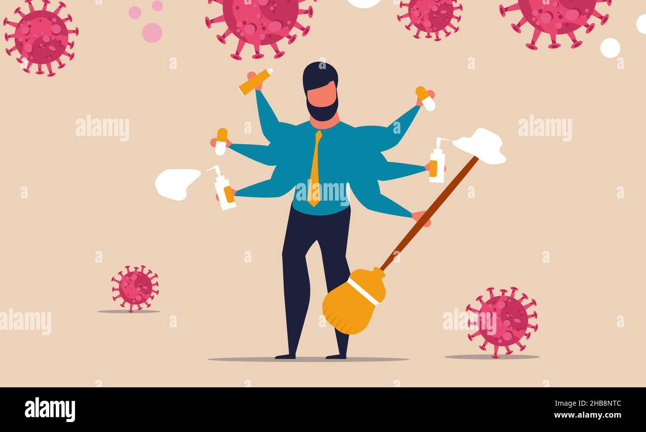 Mehrere Hände der Mann putzt und wäscht das Virus. Schutz von Menschen vor Coronaviren zu Hause. Vektor-Illustration für das Gesundheitswesen. Kill t Stock Vektor