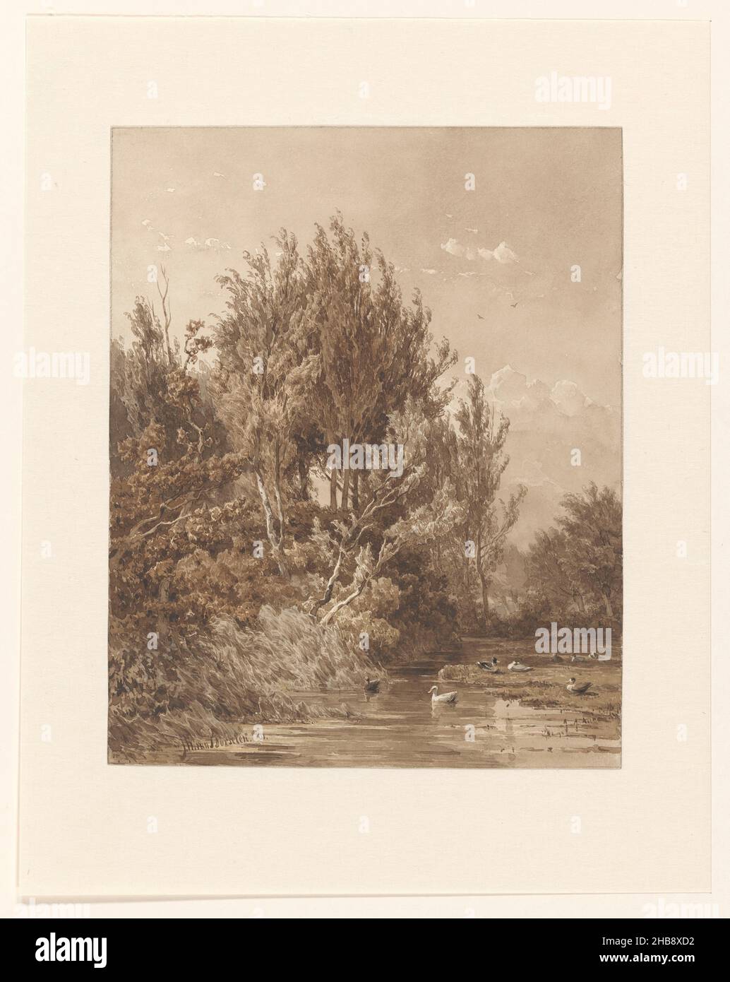 Landschaft mit Wasser mit Enten, Zeichner: Jan Willem van Borselen, 1861, Papier, Bleistift, Pinsel, Höhe 293 mm × Breite 235 mm Stockfoto
