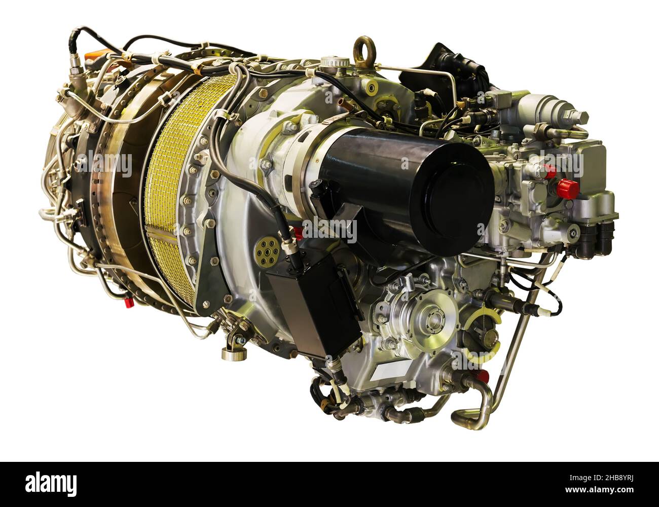 Flugzeugturbinenmotor-Mechanismus Nahaufnahme. Arbeitsabschnitt. Stockfoto