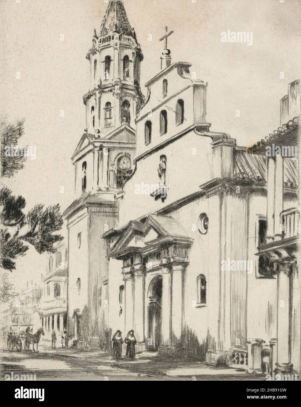 Antike Radierung aus dem Jahr c1940, Cathedral Basilica of St. Augustine in St. Augustine, Florida. Künstler unbekannt. QUELLE: ORIGINALGRAVUR Stockfoto