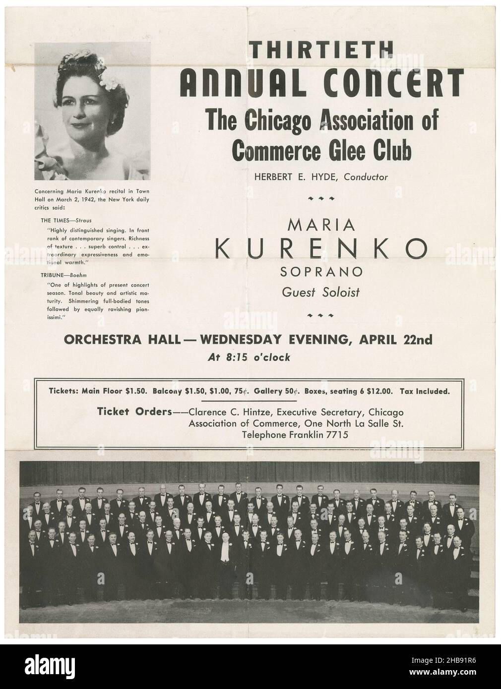 Flyer vom Jahreskonzert 13th des Chicago Association of Commerce Glee Club mit Maria Kurenko, Sopranistin, in der Orchestra Hall. Herbert E. Hyde, Dirigent. 22. April 1942. Stockfoto