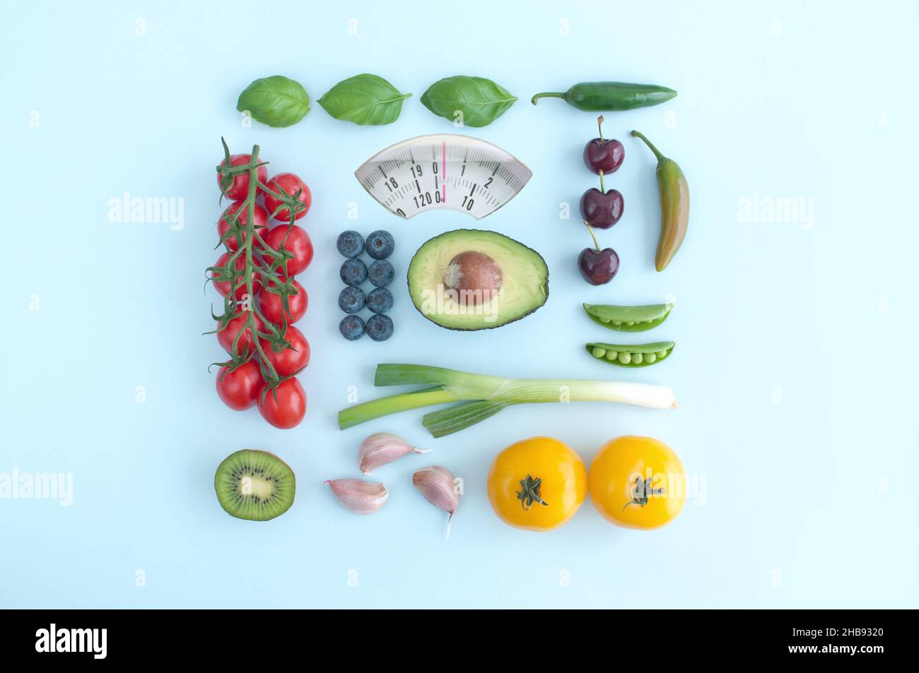 Design der Küchenwaagen aus Obst und Gemüse Stockfoto