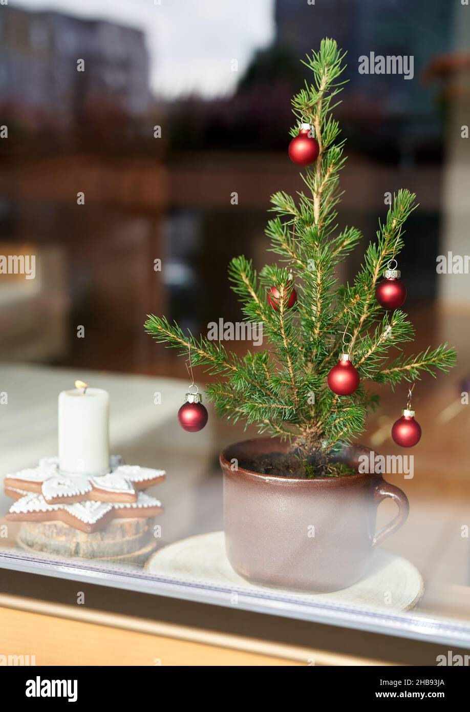 Kleiner alternativer Weihnachtsbaum mit roten Kugeln hinter einem Glasfenster Stockfoto