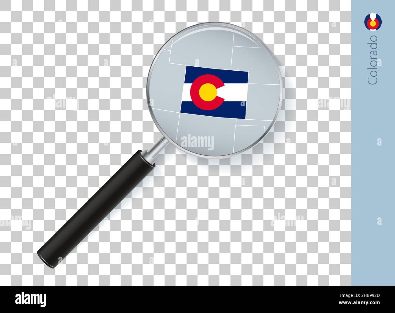 Colorado Karte mit Flagge in Lupe auf transparentem Hintergrund. Vektorlupe mit Karte. Stock Vektor