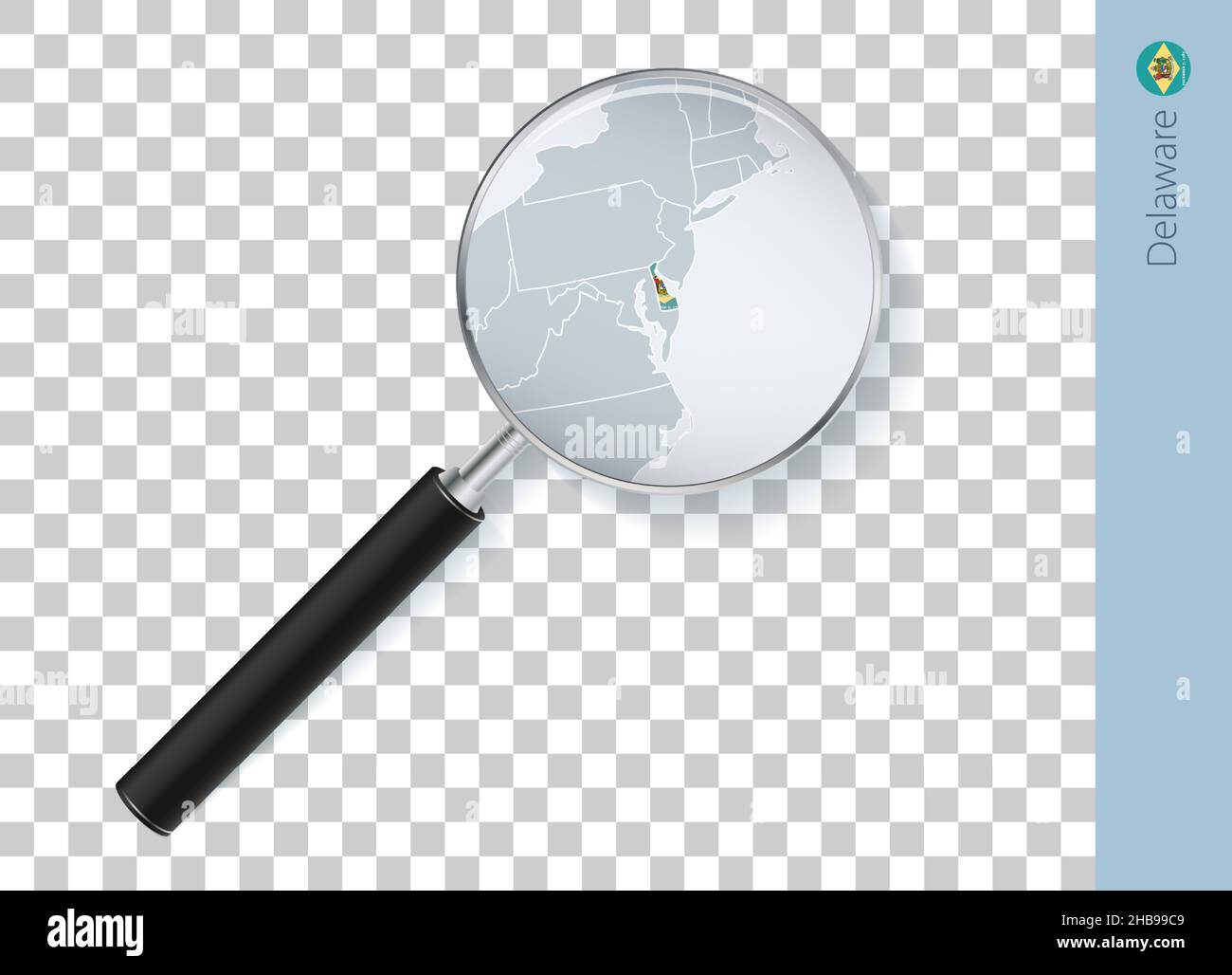 Delaware Karte mit Flagge in Lupe auf transparentem Hintergrund. Vektorlupe mit Karte. Stock Vektor