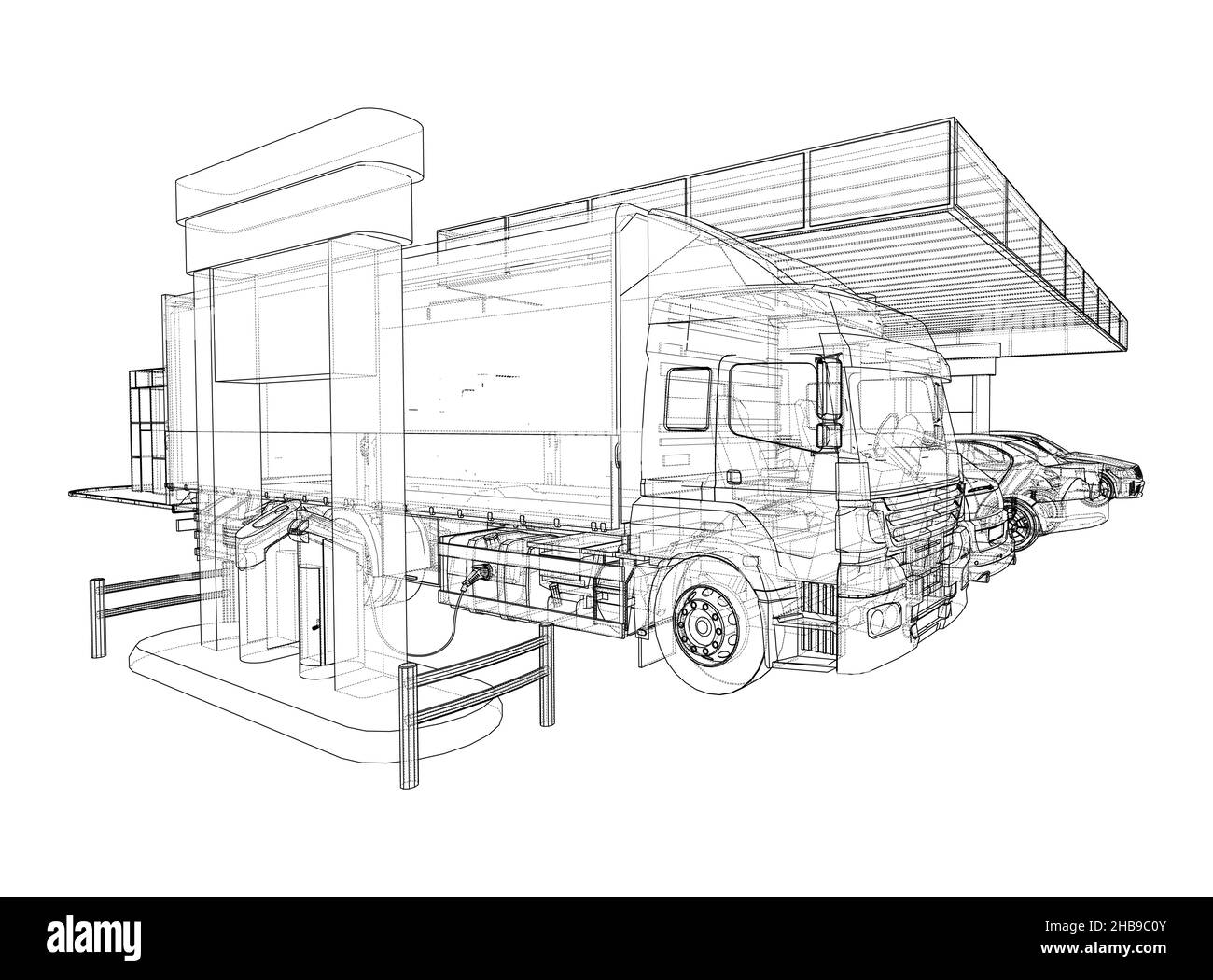 Elektroauto-Ladestation mit Autos und LKW Stockfoto
