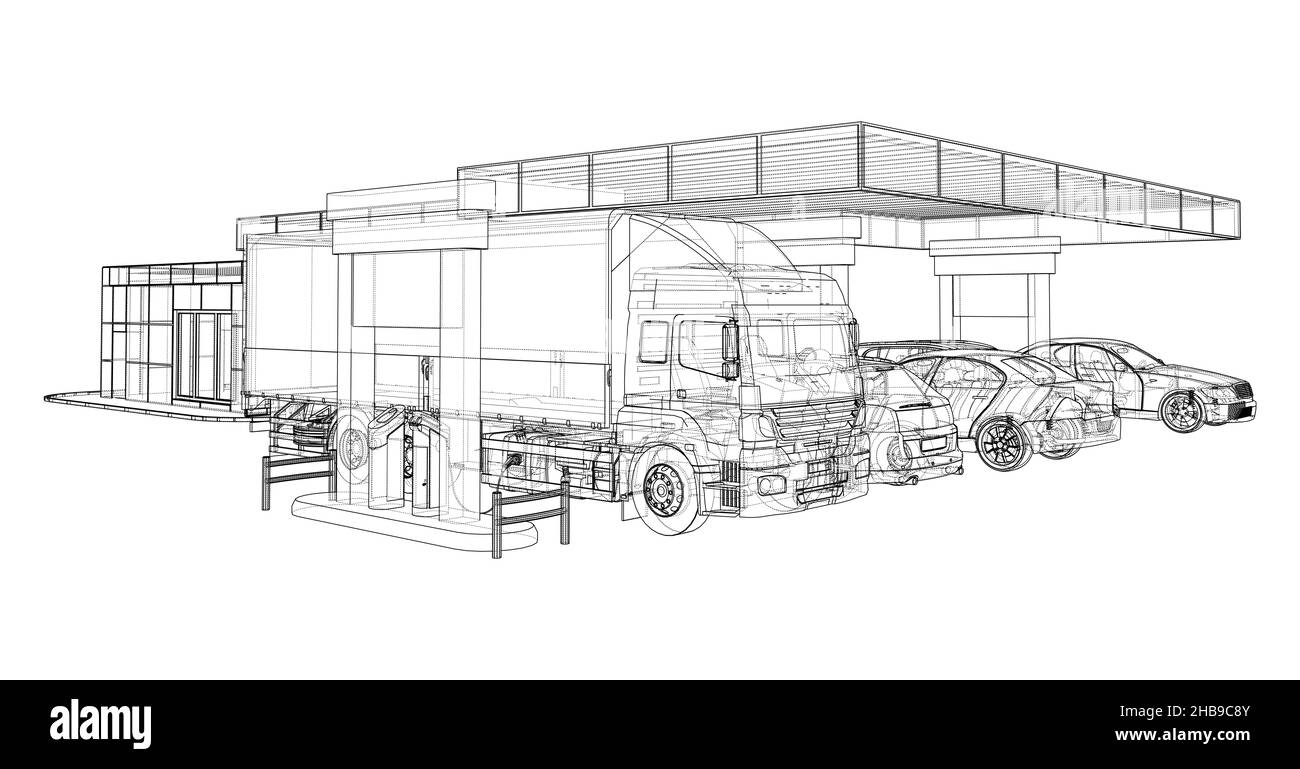 Elektroauto-Ladestation mit Autos und LKW Stockfoto