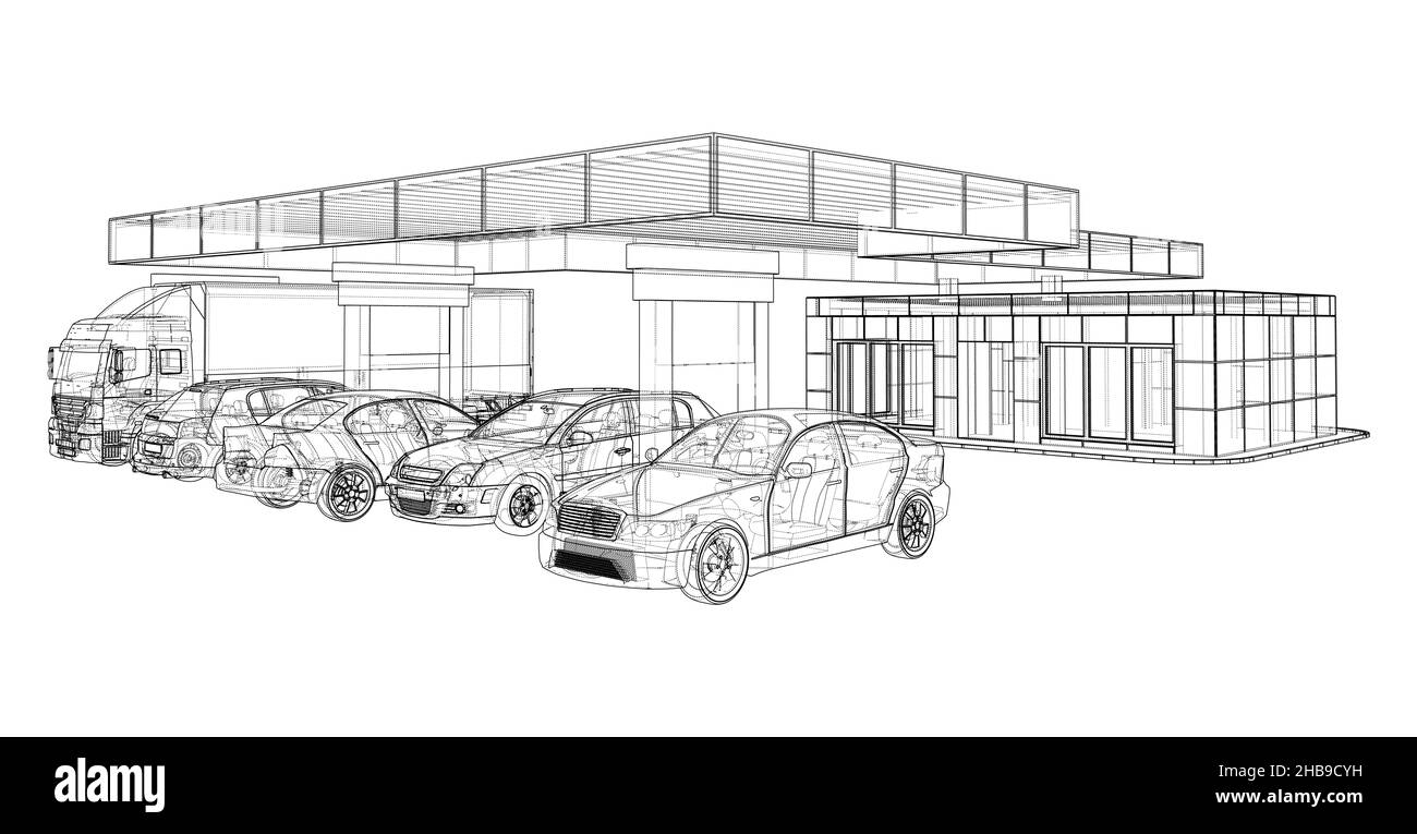 Elektroauto-Ladestation mit Autos und LKW Stockfoto