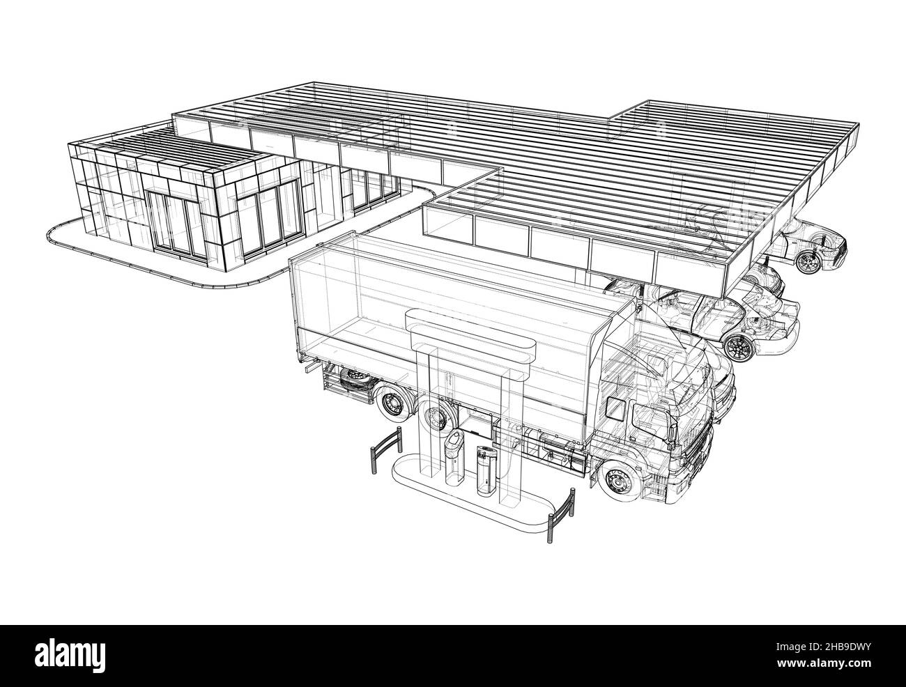 Elektroauto-Ladestation mit Autos und LKW Stockfoto