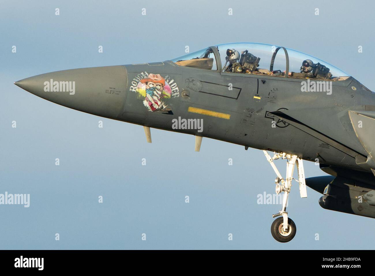‘Rough Rider’ Nose Art auf LN AF 91 317 US Air Force McDonnell Douglas F-15E Strike Eagle of the 492nd Fighter Squadron (Madhatters) 48th Fighter Wing RAF Lakenheath. Mittwoch, 15. Dezember 2021. (Kredit: Jon Hobley | MI News) Stockfoto