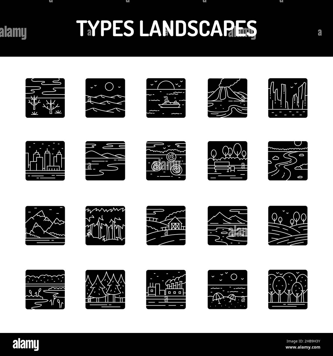 Typen Landschaften Liniensymbole festgelegt. Isoliertes Vektorelement. Skizzieren Sie Piktogramme für Webseite, mobile App, Werbung. Bearbeitbare Kontur. Stock Vektor