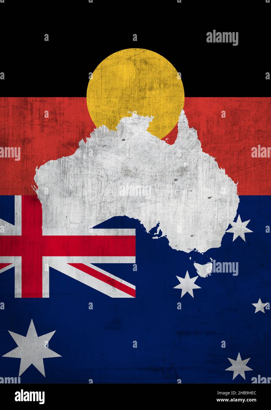 Künstlerische Australien Karte Gebiet mit Aborigines Flagge und australische Flagge, Kunstwerke mit flachem Design. Land Land, starke Farbe. Flaches Design für die Werbung Stockfoto