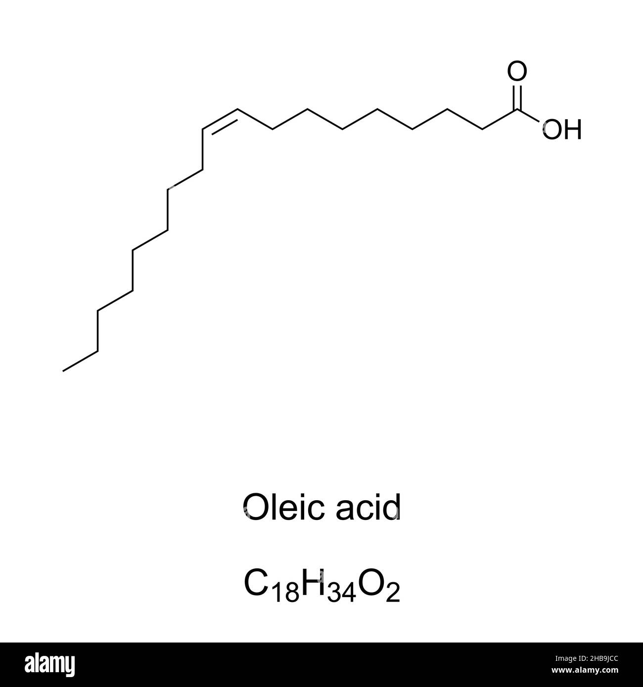 Ölsäure chemische Formel und Struktur. Einfach ungesättigte Omega-9-Fettsäure, die häufigste Fettsäure in der Natur, kommt in tierischen und pflanzlichen Fetten vor. Stockfoto