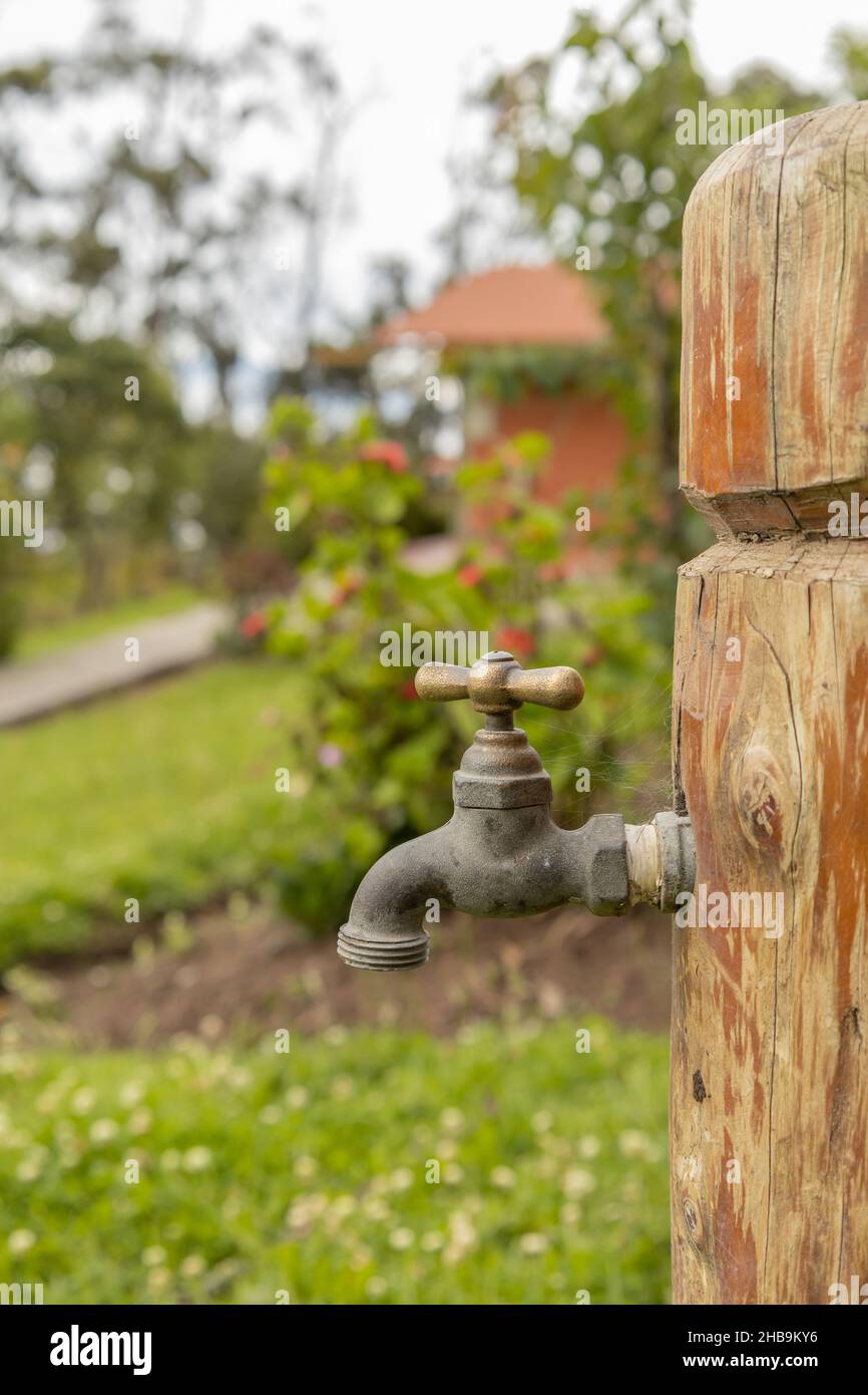 Details von Metall-Wasserhähnen, in einem Garten mit Natur draußen, häusliche Objekt Stockfoto