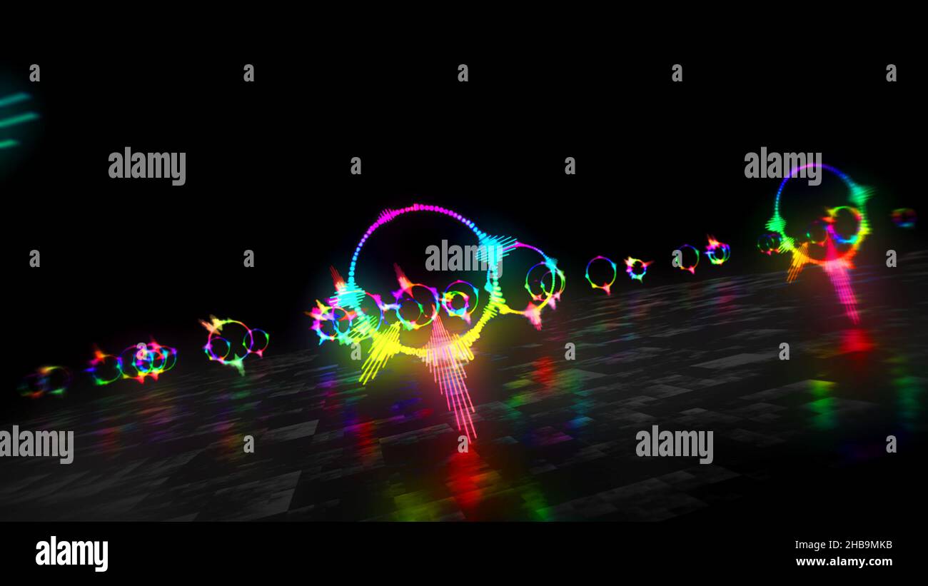 Audio-Spektrum Stimme Neon-Zeichen Konzept, Radio-Sound-Welle und Disco-Musik aufnehmen Lautstärke Signal. Futuristische 3d-Darstellung. Stockfoto