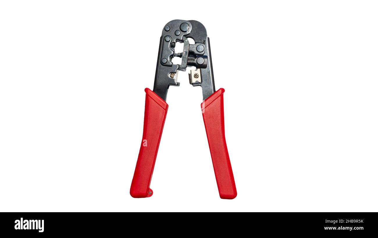 Isoliertes Crimpwerkzeug für Internetkabel auf weißem Hintergrund. Crimpzange für modulare Steckverbinder. Ausrüstung zum Verlegen eines Netzwerkkabels Stockfoto