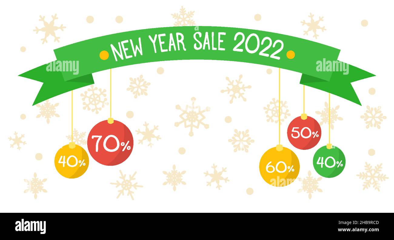 Horizontaler Winter Sale Banner Happy New Year Inschrift, Text auf einem Band mit Kugeln mit Prozent und Rabatte. Für Einzelhandel und Online-Shops, Site-Header mit Schneeflocken um. Vektorgrafik Stock Vektor