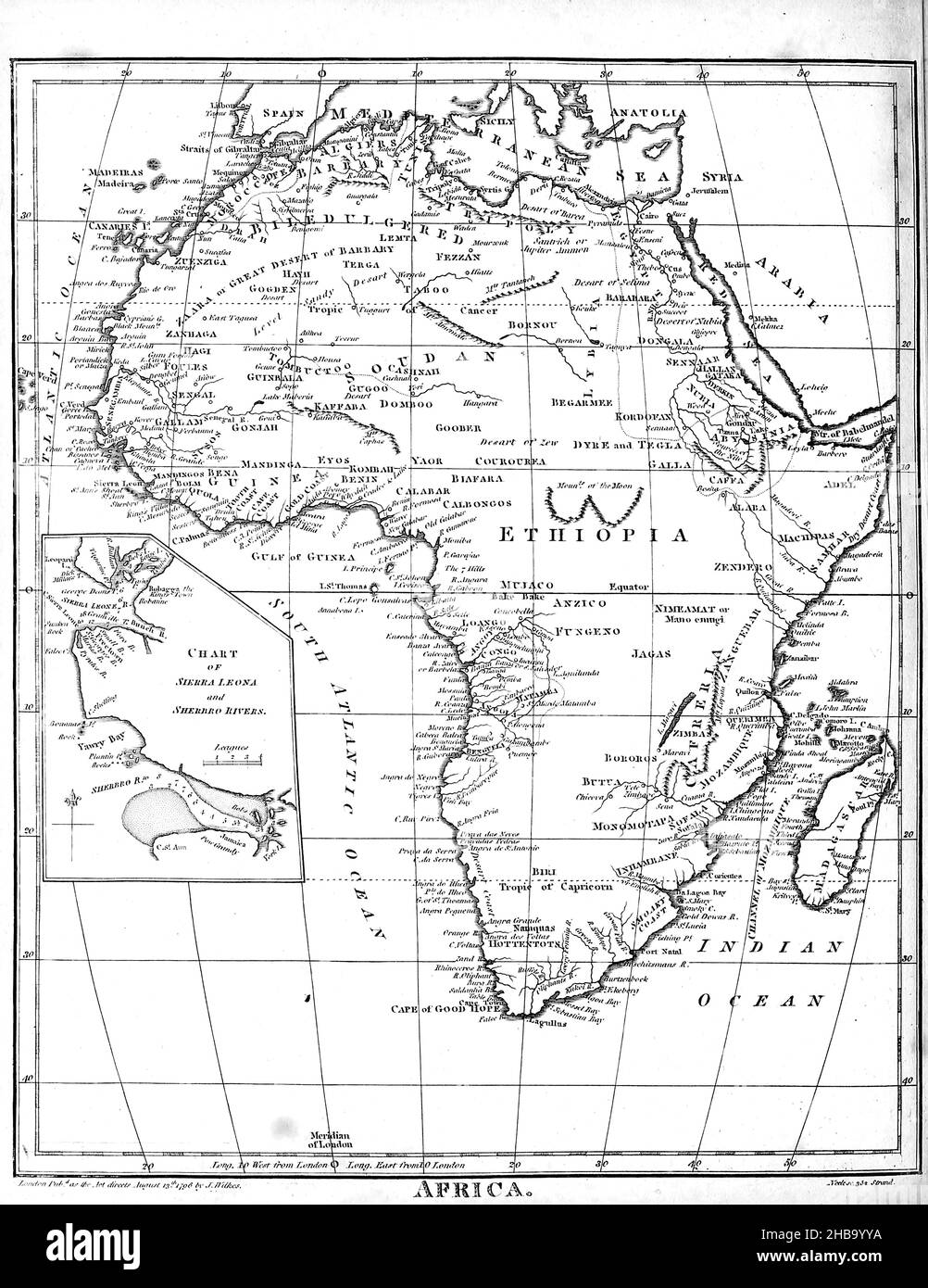 Karte Afrikas aus dem 19th. Jahrhundert aus der Encyclopedia Londinensis, OR, Universal Dictionary of Arts, Sciences and Literature; Band I. Herausgegeben von John Wilkes. Veröffentlicht 1810 in London, Großbritannien. Stockfoto