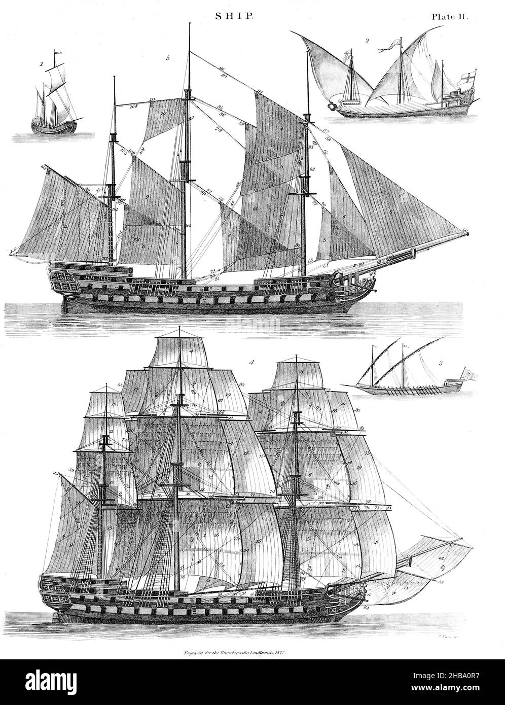 Darstellung von Schiffen und Schiffen verschiedener Art. Kupferstich aus der Encyclopedia Londinensis, OR, Universal Dictionary of Arts, Sciences and Literature; Band XXIII. Herausgegeben von John Wilkes. Veröffentlicht 1828 in London, Großbritannien. Stockfoto