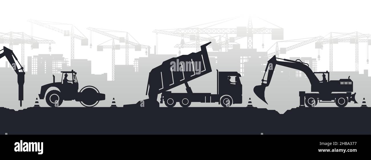 Panoramablick auf Silhouetten von Bodenverdichtungsmaschinen, Lastwagen, Radbaggern, Hammerbaggern und Betreibern, die in einer Stadt im Bau arbeiten Stock Vektor