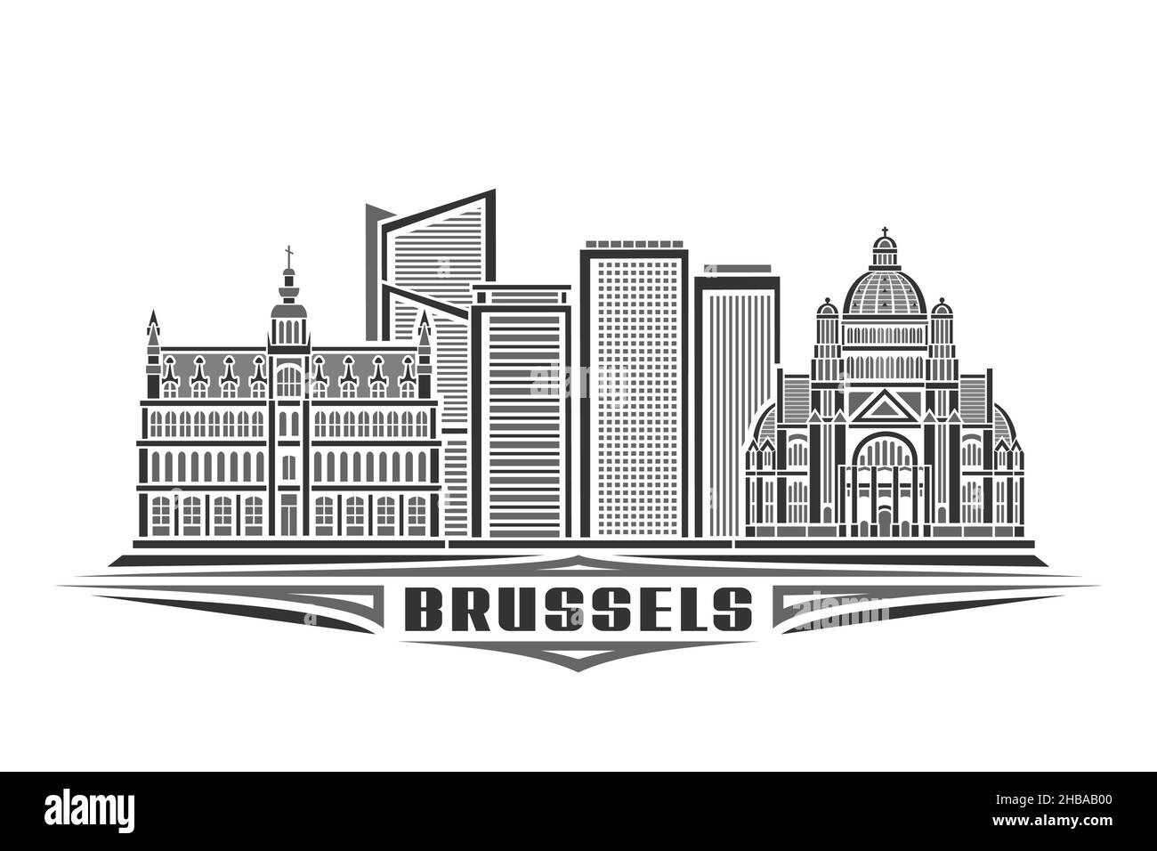 Vektordarstellung von Brüssel, monochromes horizontales Plakat mit linearem Design historisches brüsseler Stadtbild, urbanes Linienkunstkonzept mit dekorativ Stock Vektor