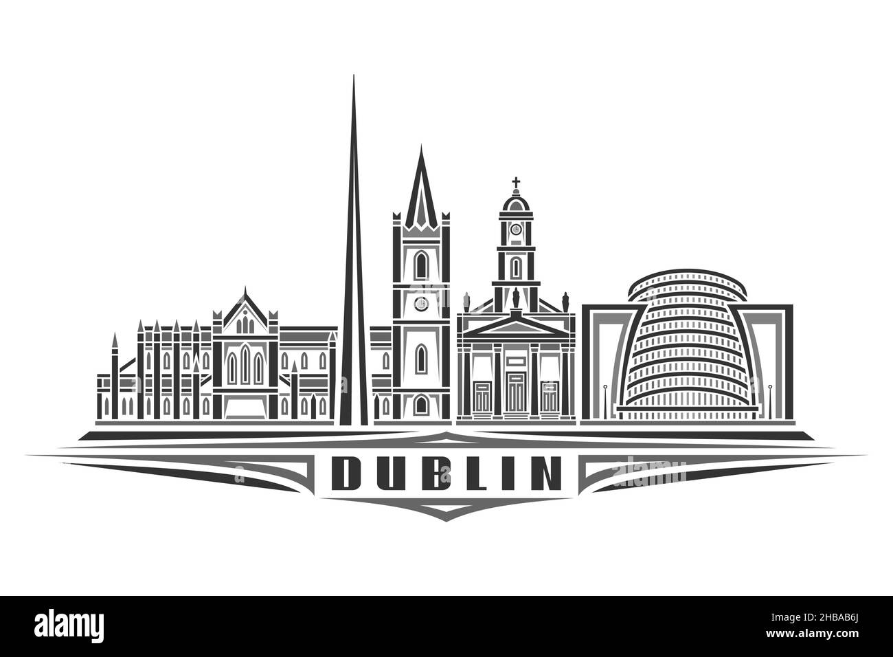Vektor-Illustration von Dublin, monochromes horizontales Poster mit linearem Design dublin City scape, europäisches Urban Line Art Konzept mit dekorativem lett Stock Vektor