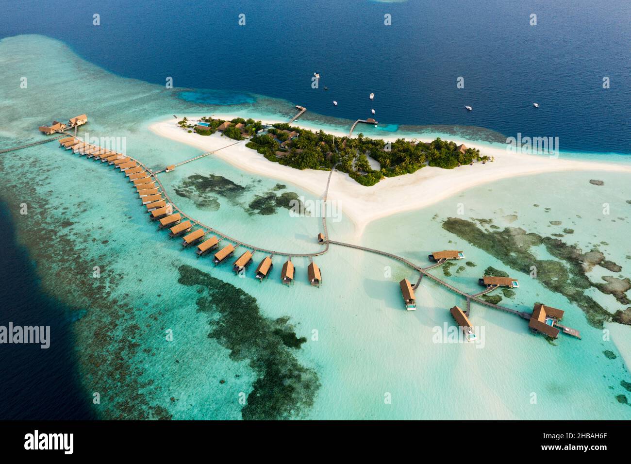 Ferienhäuser Insel Cocoa Island, Süd Male Atoll, Malediven, Indischer Ozean Stockfoto