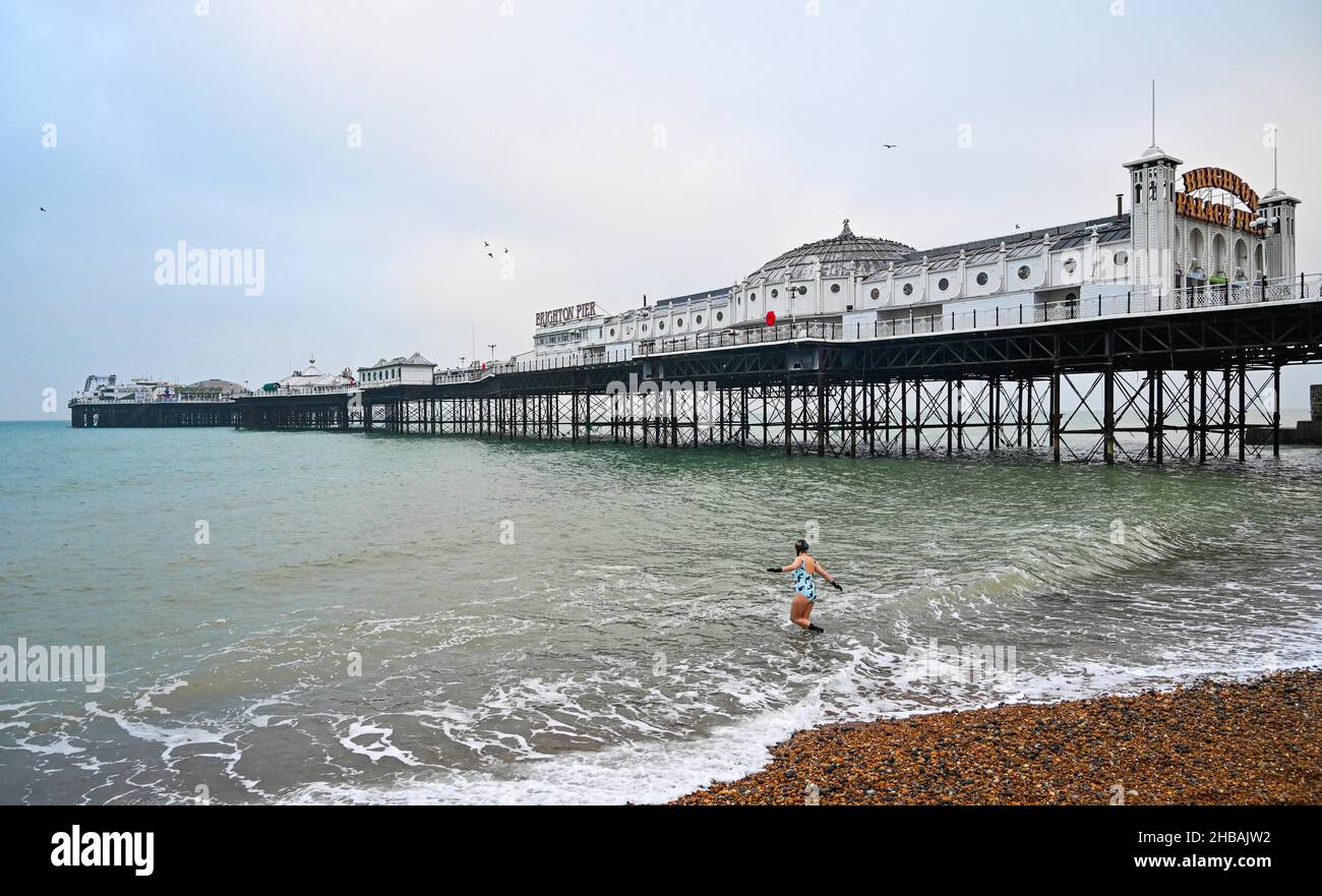 Brighton, Großbritannien. 18th. Dezember 2021 - Eine Schwimmerin macht sich an einem ruhigen, bewölkten Morgen am Brighton Palace Pier auf den Weg ins Meer, da das sesshafte Wetter in den nächsten Tagen in Großbritannien voraussichtlich anhalten wird : Credit Simon Dack / Alamy Live News Stockfoto