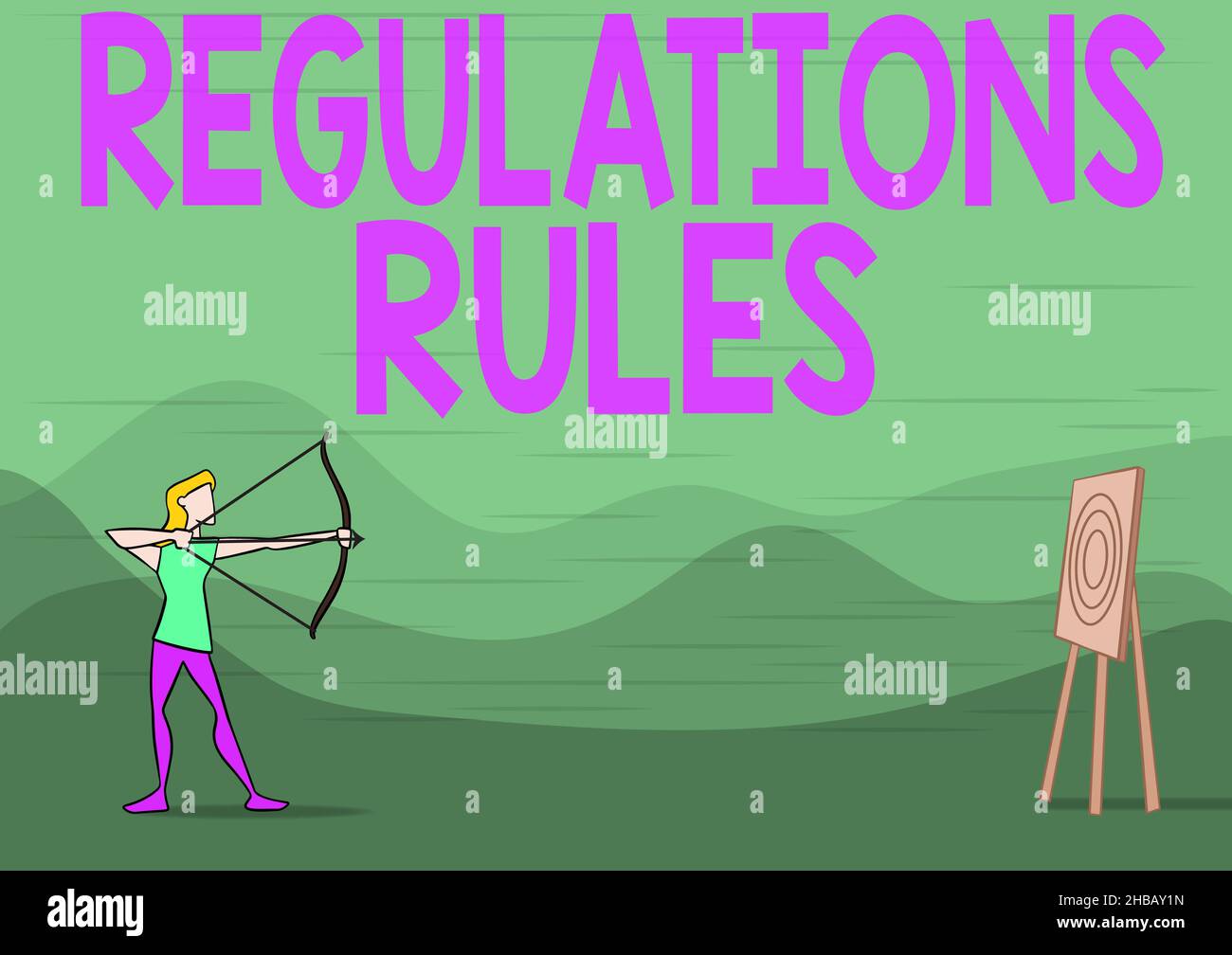 Unterschreiben Sie, um die Regeln der Vorschriften anzuzeigen. Konzeptionelles Foto Standardaussage Verfahren Regeln, um ein Verhalten zu kontrollieren Lady Archer Illustration Holding Bow Stockfoto