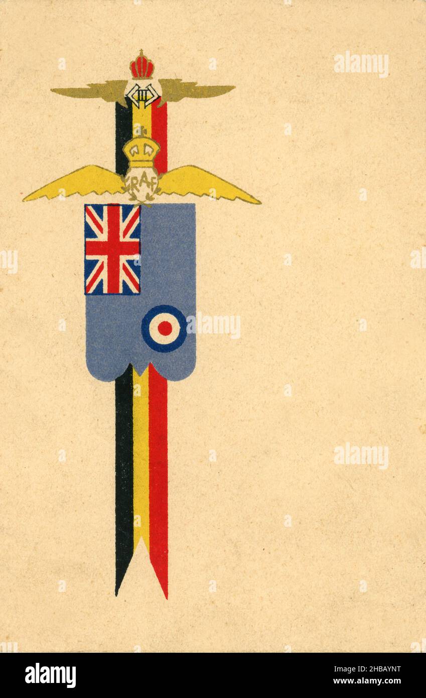 Seltene Weihnachtskarte aus dem Jahr WW2, gedruckt in Brüssel. Es zeigt das RAF-Fähnchen und die Flügel der belgischen Luftwaffe + Flagge. Ich weiß nicht, ob es aus dem Jahr 1939 oder 1944 stammt. Eher letzteres. Sie wurde von einem RAF-Mann geschickt, der 1940 mit der BEF aus Nordfrankreich evakuiert wurde. Stockfoto