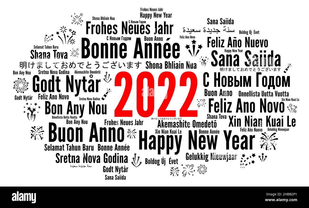 Frohes neues Jahr 2022 Wortwolke in verschiedenen Sprachen Stockfotografie Alamy
