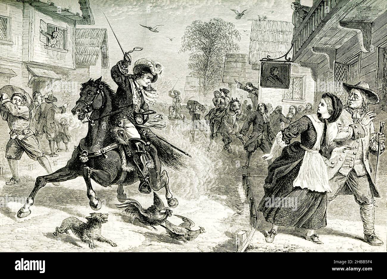 Diese Abbildung aus dem Jahr 1890 zeigt die „Panik der Philadelphianer bei der Annäherung an die Paxtons“. Im Januar 1764 marschierten die Paxton Boys mit etwa 250 Männern in Richtung Philadelphia, um die Regierung dafür herauszufordern, dass sie sie nicht beschützt hatte. Benjamin Franklin führte eine Gruppe von Bürgerführern an, um sie in Germantown, dann einer separaten Siedlung nordwestlich der Stadt, zu treffen und ihre Beschwerden zu hören. Stockfoto