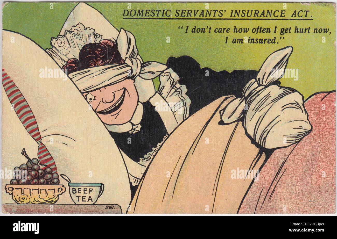 Versicherungsgesetz „Hausangestellte“. Es ist mir egal, wie oft ich jetzt verletzt werde, ich bin versichert': Karikatur von Tom Browne. Es zeigt einen bandagierten Hausdiener im Bett neben einer Schüssel mit Trauben und einem Becher Rindfleischtee. Sie freut sich, dass sie durch den Workmen's Compensation Act von 1906 eine finanzielle Entschädigung erhalten wird. Stockfoto