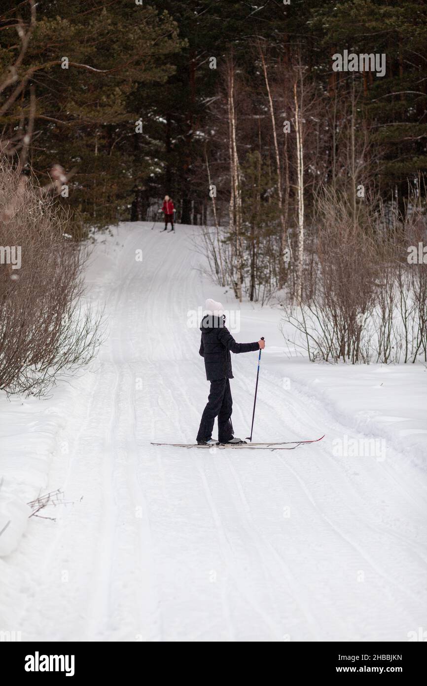 Zwei Mädchen in einer schwarz-roten Jacke fahren im Winter in einem verschneiten Wald auf einer Skipiste. Bäume in einer Reihe... Rückansicht. Skifahren in einer schönen sn Stockfoto
