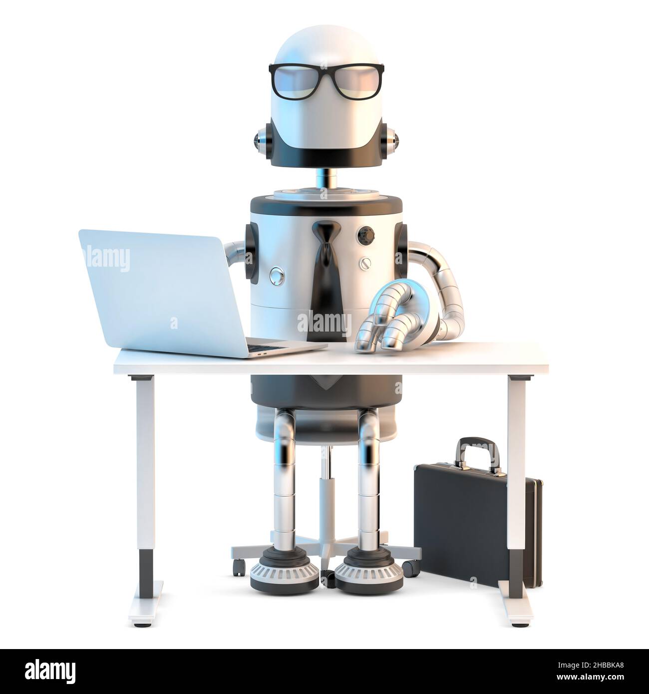 Roboter bei der Arbeit. 3D Abbildung. Isoliert auf weißem Hintergrund Stockfoto